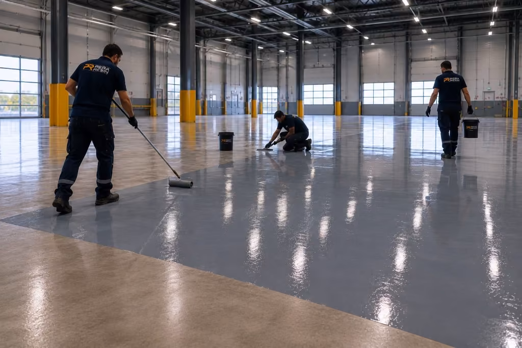 Applicatori PEBA RESIN certificati durante la posa di pavimentazione in resina